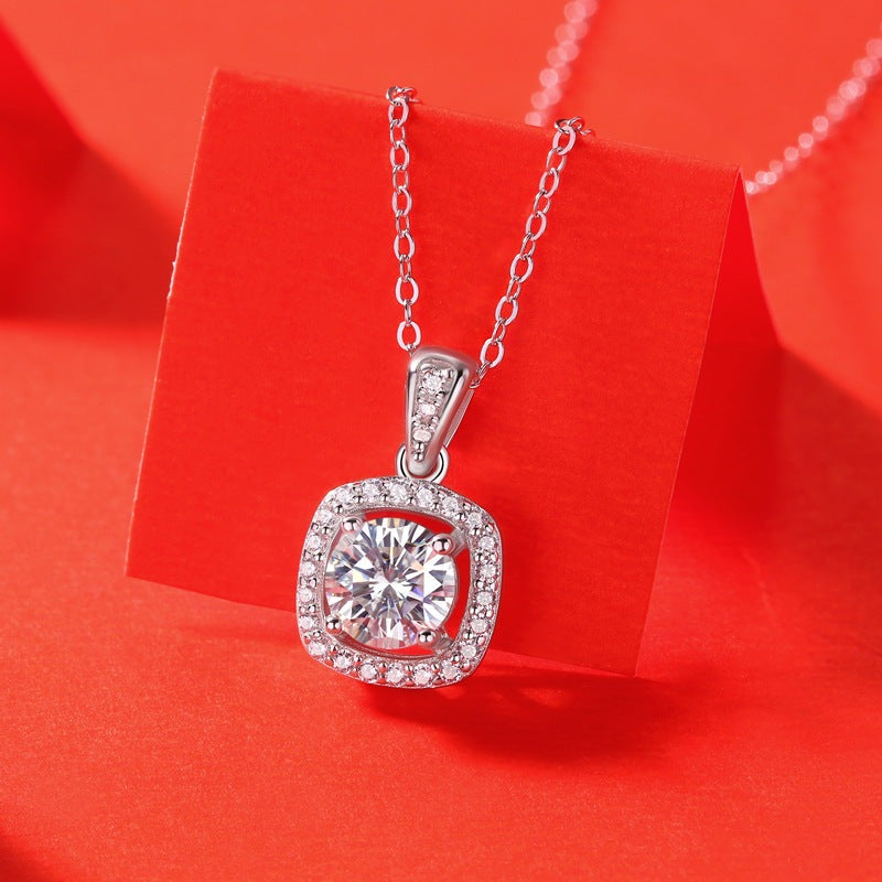 Anniversary Moissanite CZ Hollow Square 925 Sterling Silver Necklace