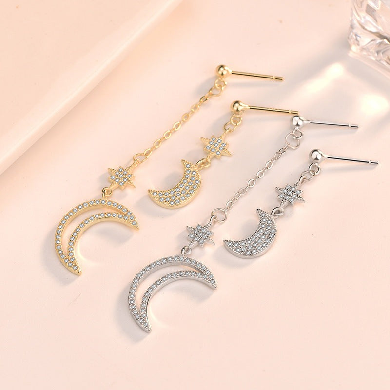 Asymmetry CZ Crescent Moon Star Hot 925 Sterling Silver Dangling Earrings