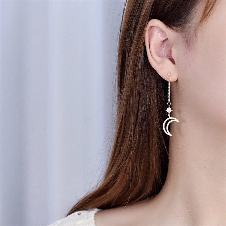 Asymmetry CZ Crescent Moon Star Hot 925 Sterling Silver Dangling Earrings