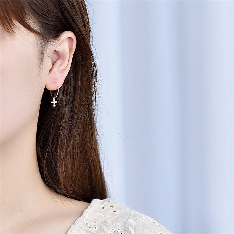 Classic CZ Cross Circle 925 Sterling Silver Hoop Earrings