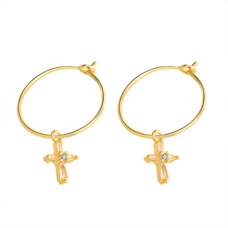 Classic CZ Cross Circle 925 Sterling Silver Hoop Earrings