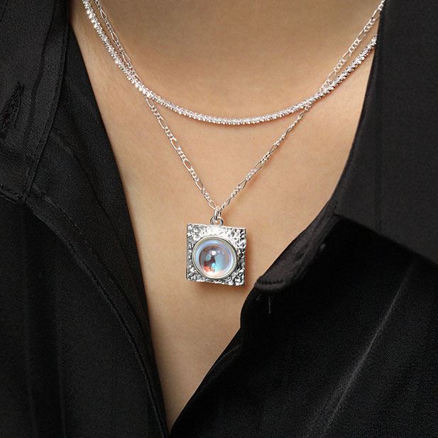 Elegant Round Created Moonstone Square 925 Sterling Silver Necklace
