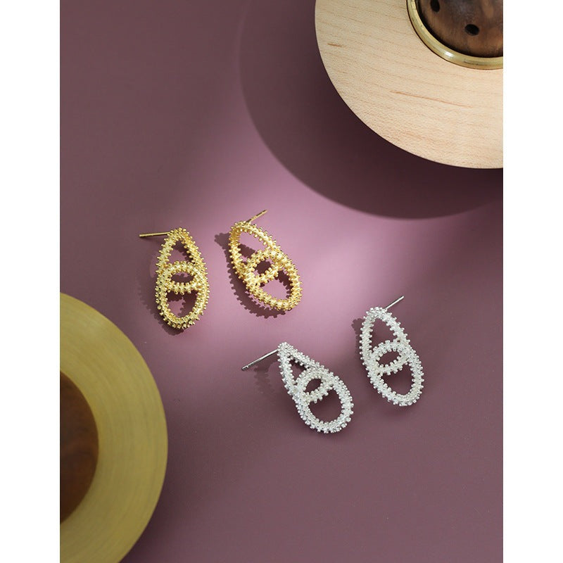 Fashion Beads Border Loops Cross 925 Sterling Silver Stud Earrings