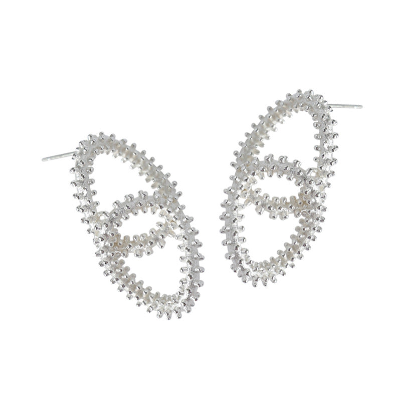 Fashion Beads Border Loops Cross 925 Sterling Silver Stud Earrings