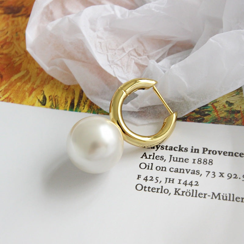 Fashion Big Round Shell Pearl 925 Sterling Silver Hoop Earring Single