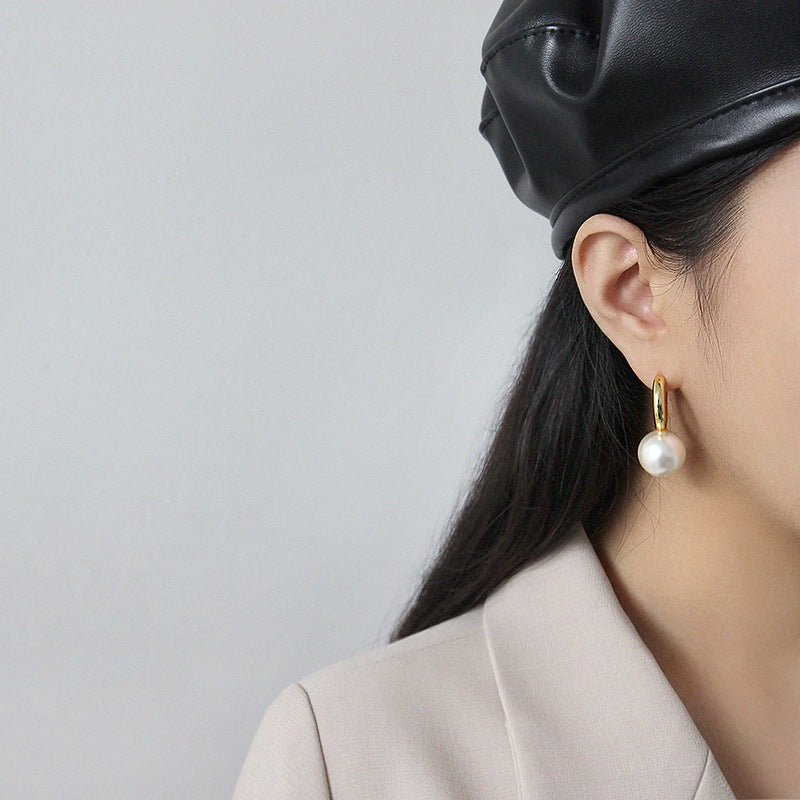 Fashion Big Round Shell Pearl 925 Sterling Silver Hoop Earring Single