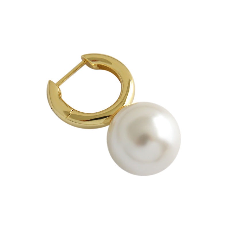 Fashion Big Round Shell Pearl 925 Sterling Silver Hoop Earring Single
