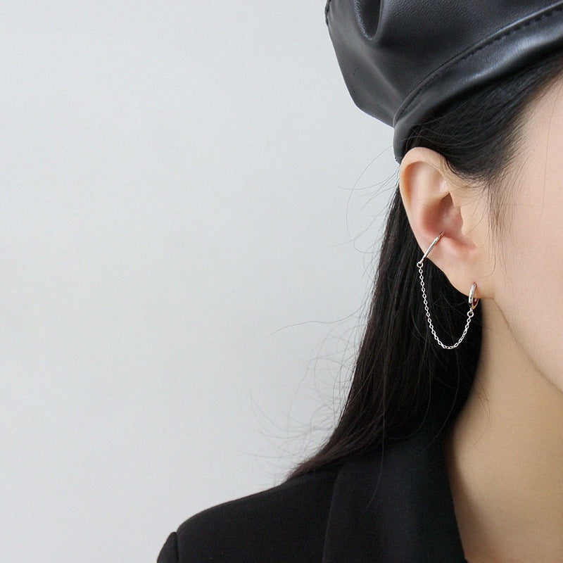 Fashion Double Holes Chain New 925 Sterling Silver Hoop Earring Single