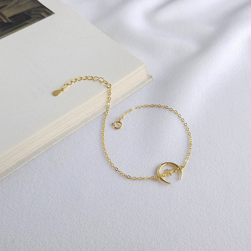 Friend's Crescent Moon CZ Sun 925 Sterling Silver Bracelet