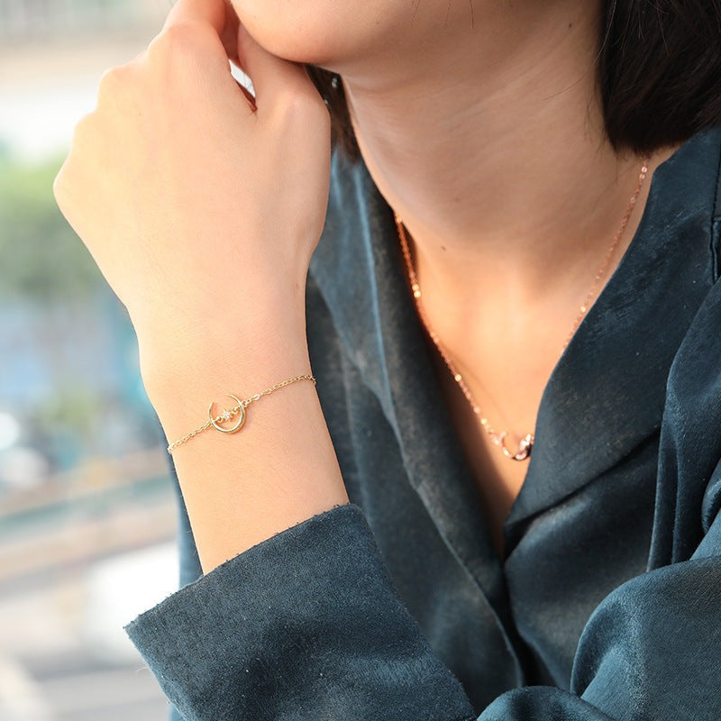 Friend's Crescent Moon CZ Sun 925 Sterling Silver Bracelet