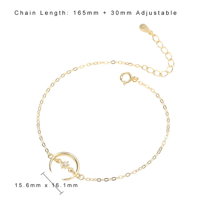 Friend's Crescent Moon CZ Sun 925 Sterling Silver Bracelet