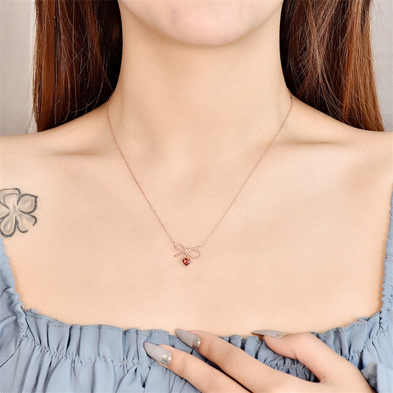 Friend's Red CZ Heart Bow-Knot 925 Sterling Silver Necklace