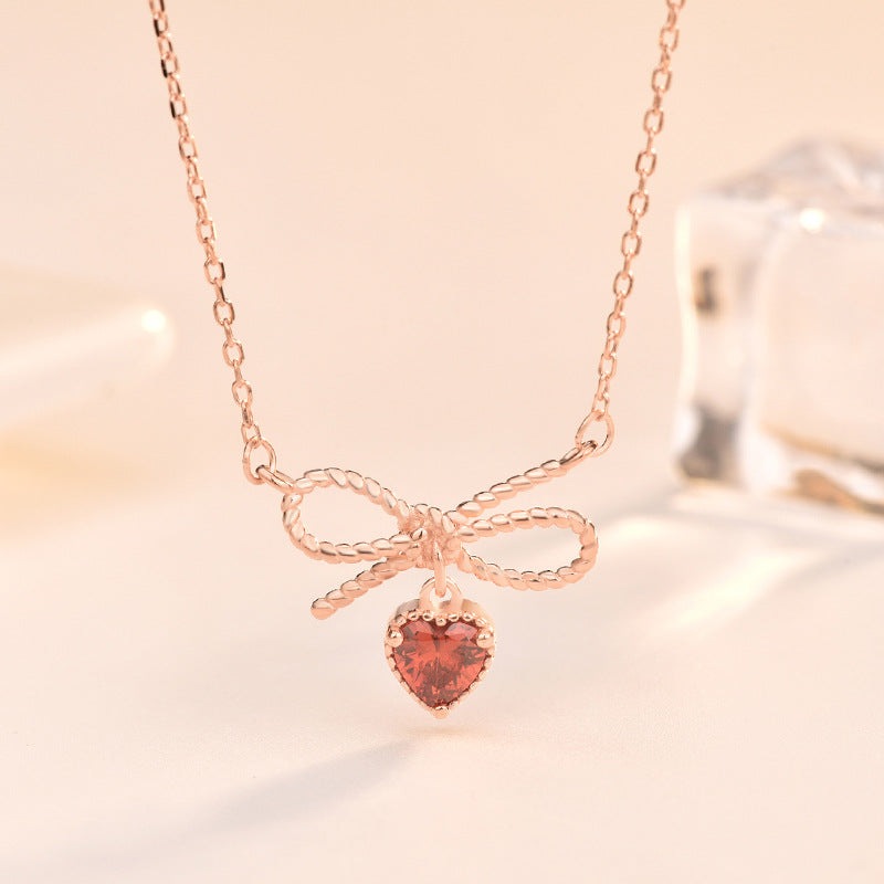 Friend's Red CZ Heart Bow-Knot 925 Sterling Silver Necklace