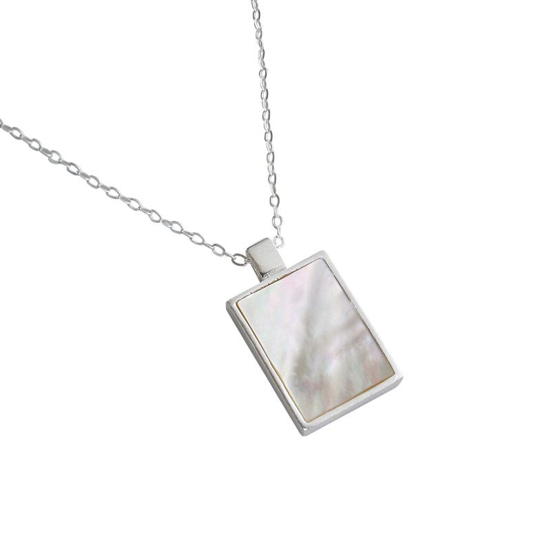Geometry Mother of Shell Rectangle Tag 925 Sterling Silver Necklace