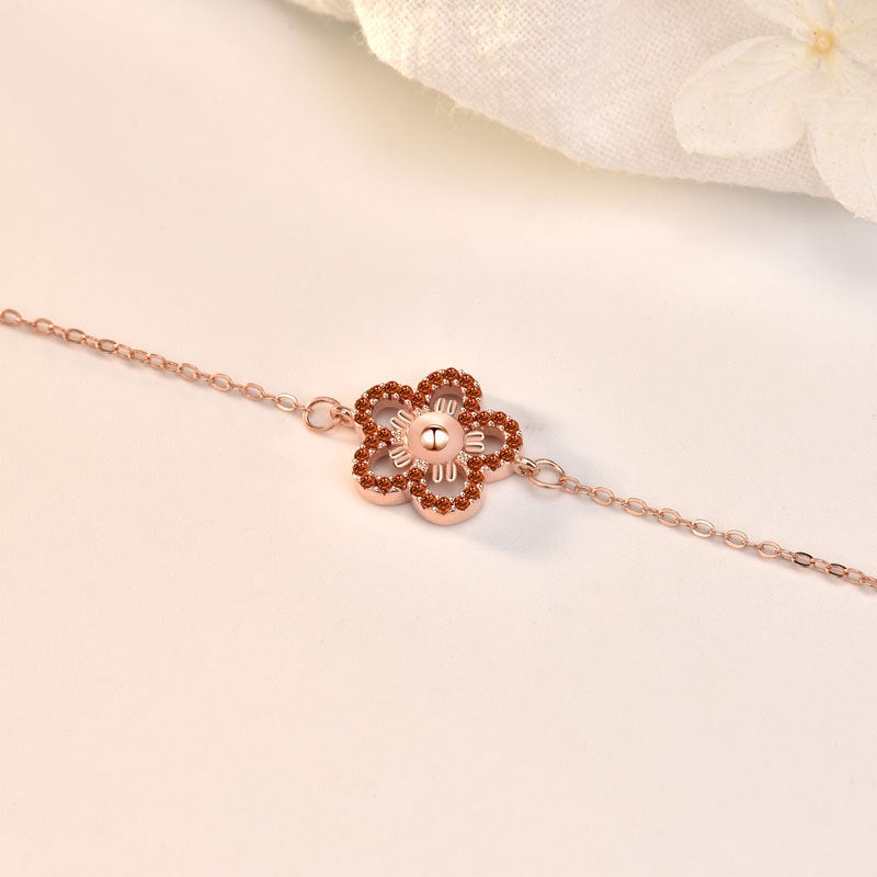 Gift CZ Hollow Red CZ Flower 925 Sterling Silver Bracelet