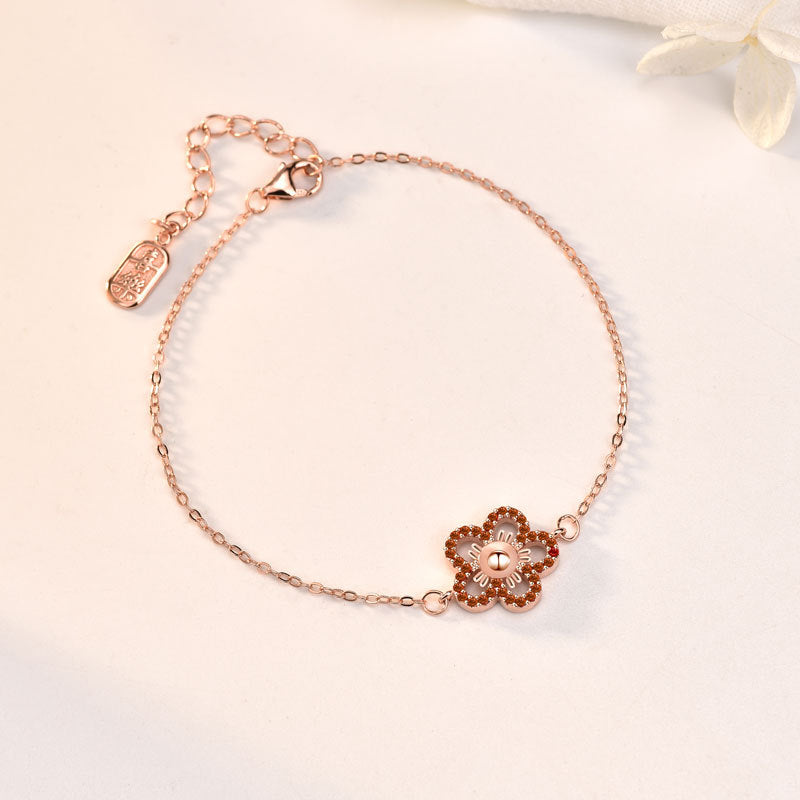 Gift CZ Hollow Red CZ Flower 925 Sterling Silver Bracelet