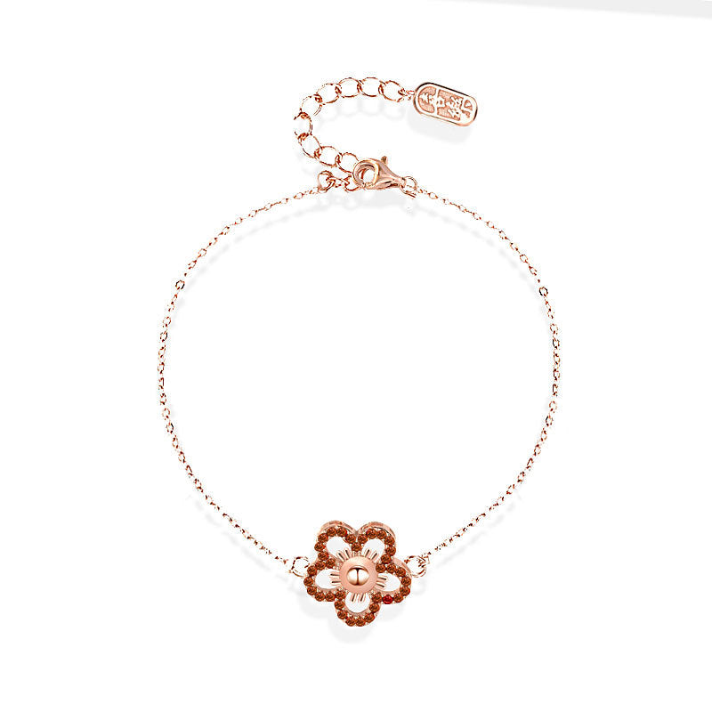 Gift CZ Hollow Red CZ Flower 925 Sterling Silver Bracelet