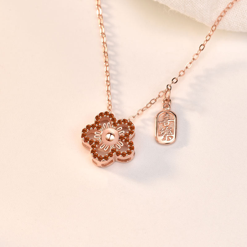 Gift CZ Hollow Red CZ Flower 925 Sterling Silver Necklace