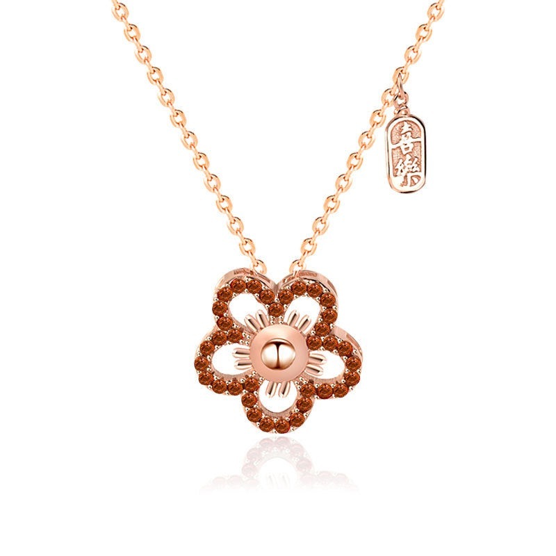 Gift CZ Hollow Red CZ Flower 925 Sterling Silver Necklace