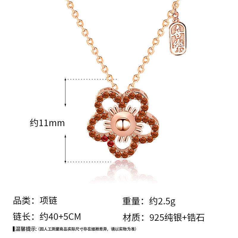 Gift CZ Hollow Red CZ Flower 925 Sterling Silver Necklace