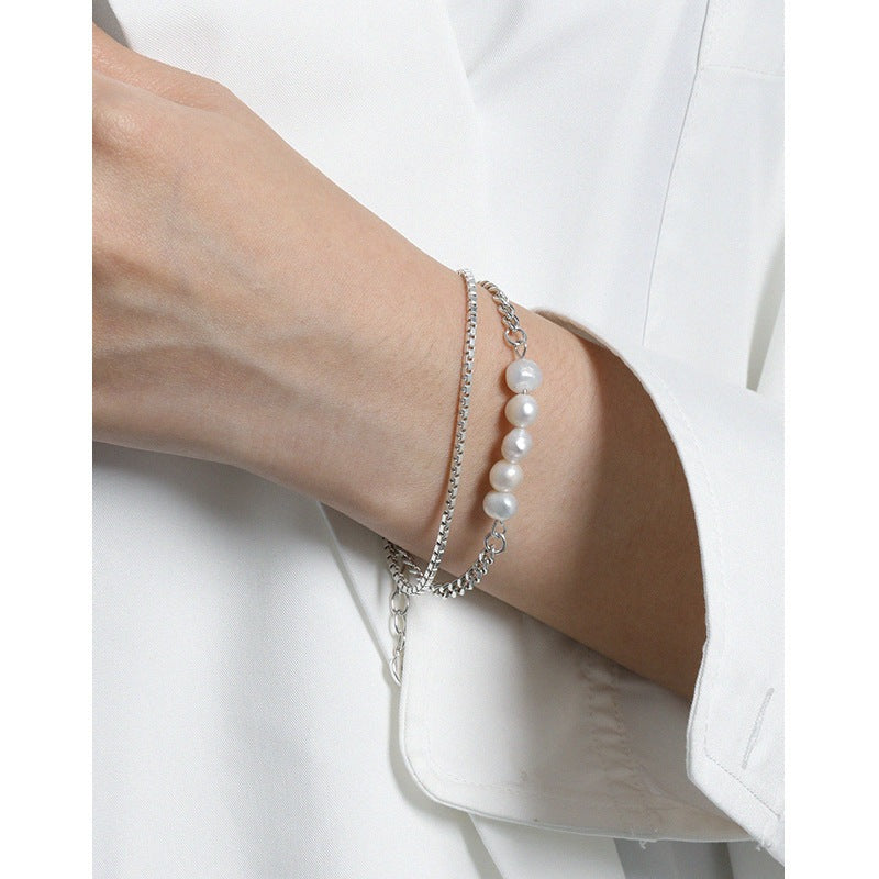 Girl Natural Pearls Double Layers Hollow Chain 925 Sterling Silver Bracelet