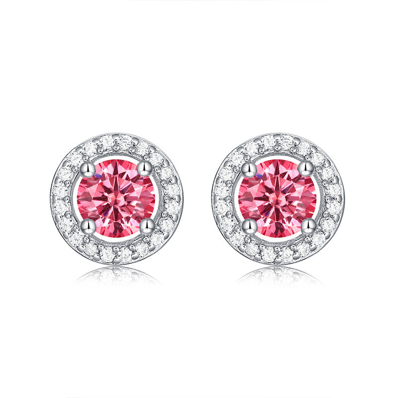 Girl Pink Round Moissanite CZ 925 Sterling Silver Stud Earrings