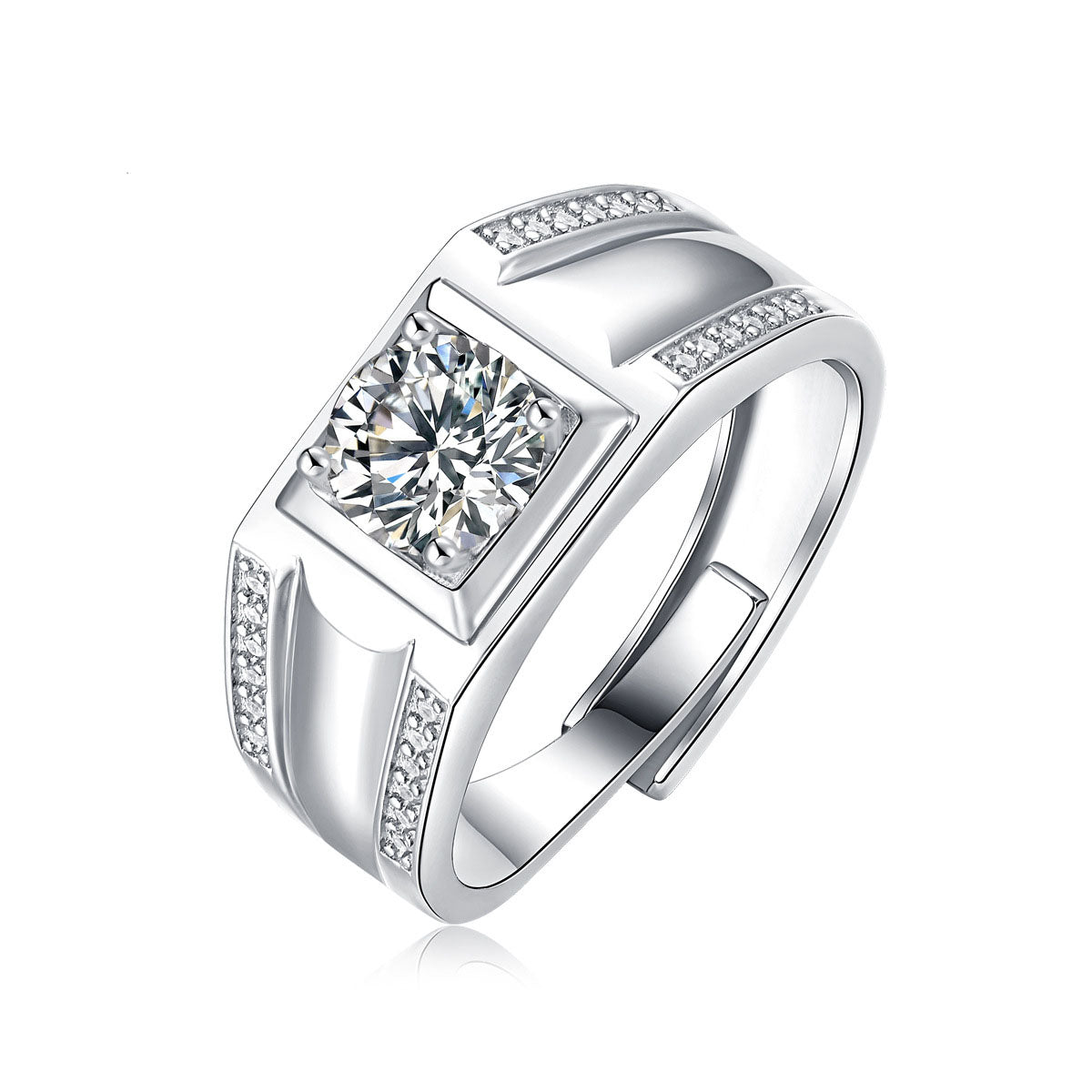 Men's Moissanite CZ Geometry Square 925 Sterling Silver Adjustable Ring