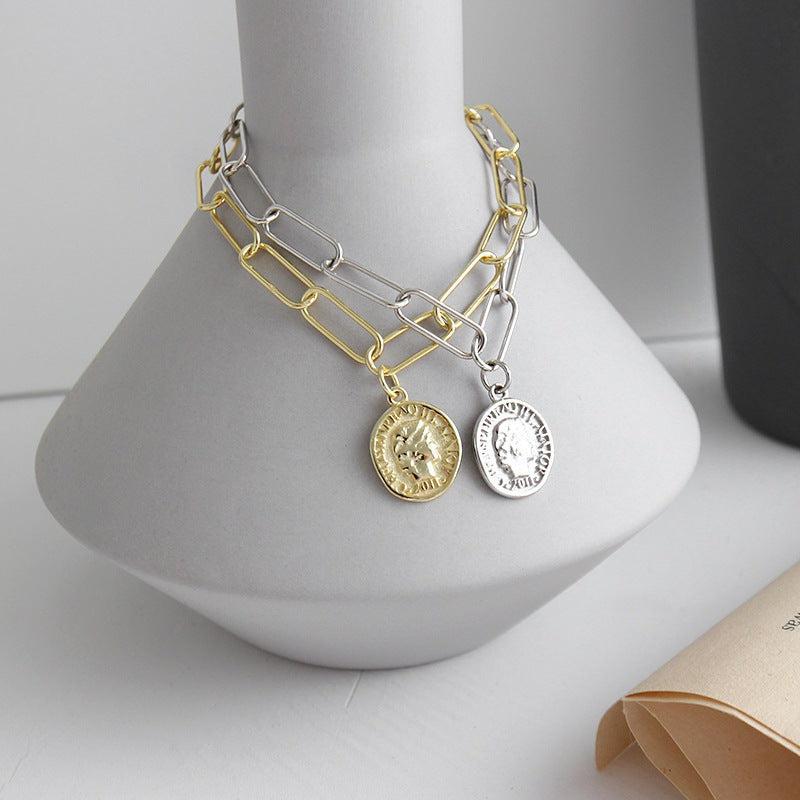 Office Portrait Coin Curb Chain 925 Sterling Silver Bracelet