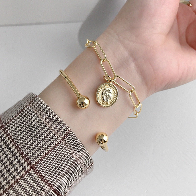 Office Portrait Coin Curb Chain 925 Sterling Silver Bracelet