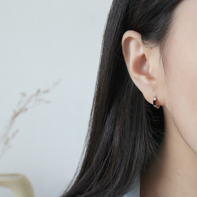 Simple Geometry Black CZ Rectangle 925 Sterling Silver Hoop Earrings
