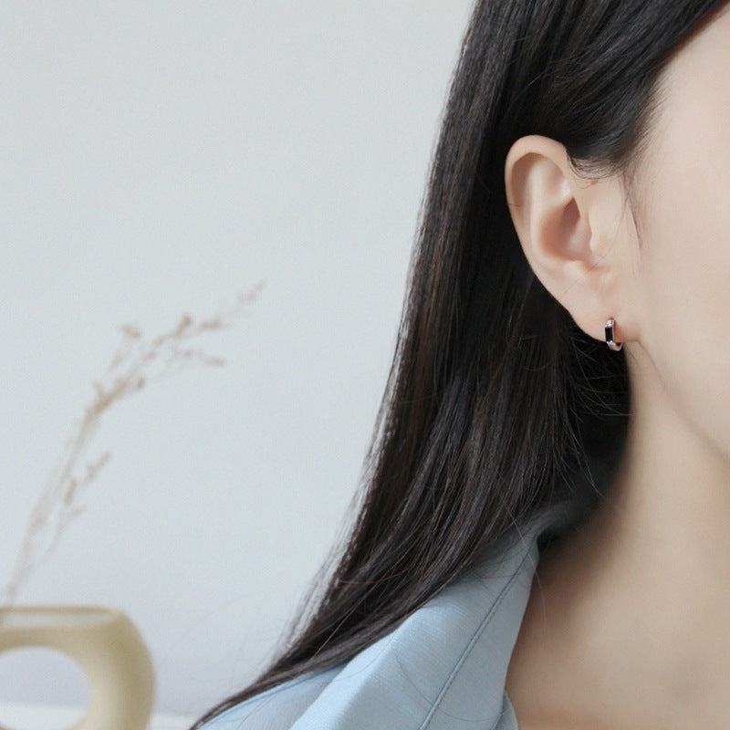Simple Geometry Black CZ Rectangle 925 Sterling Silver Hoop Earrings