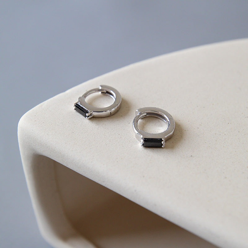Simple Geometry Black CZ Rectangle 925 Sterling Silver Hoop Earrings