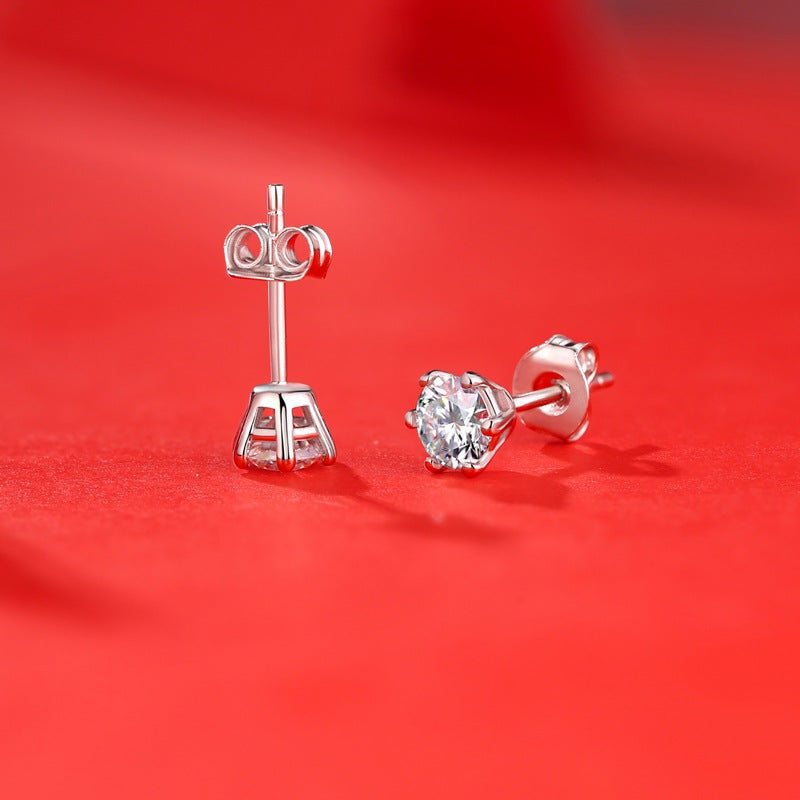 Simple Six Claw Round Moissanite CZ 925 Sterling Silver Stud Earrings
