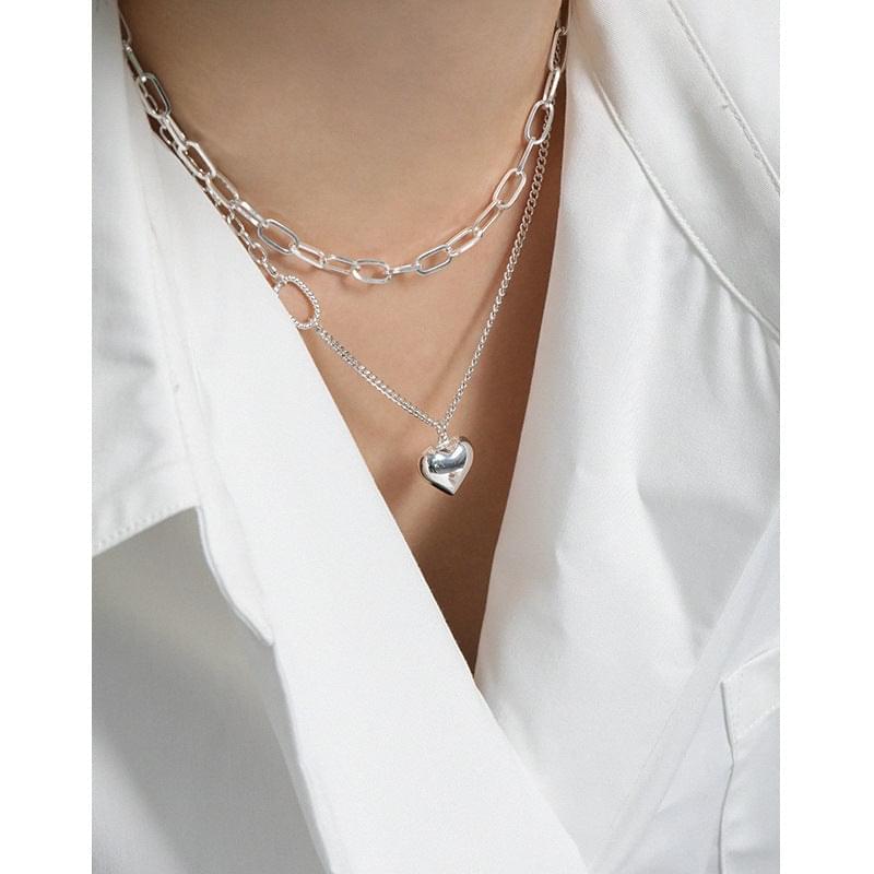 Asymmetry Curb Chain Heart 925 Sterling Silver Necklace