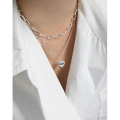 Asymmetry Curb Chain Heart 925 Sterling Silver Necklace