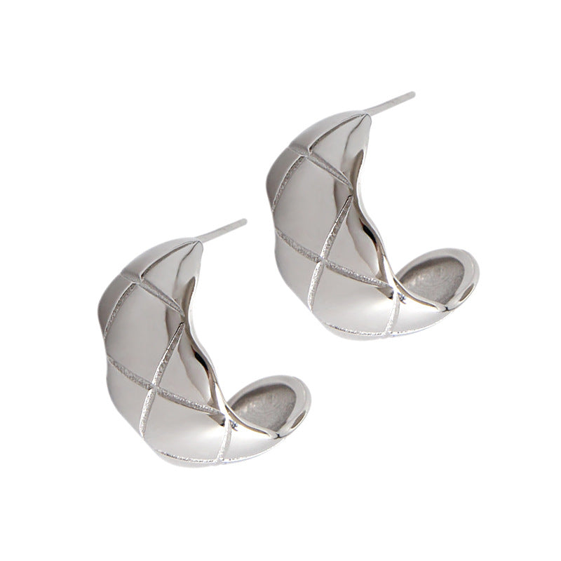 Casual Check Pattern C Shape 925 Sterling Silver Stud Earrings