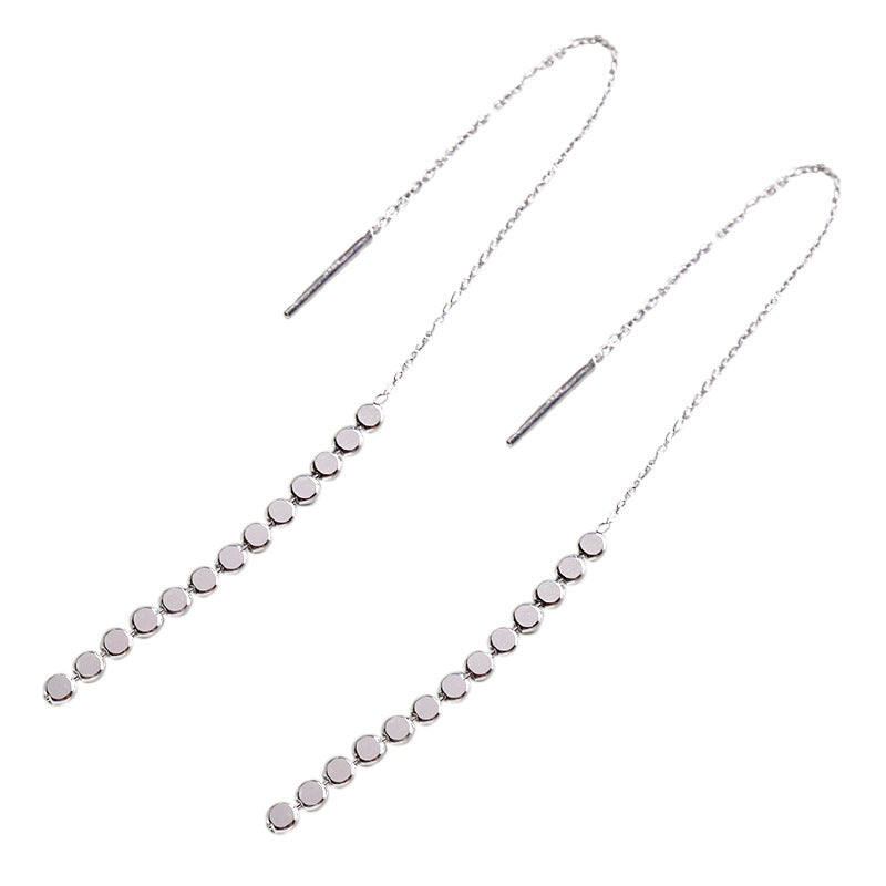 Elegant Flat Beads Tassels 925 Sterling Silver Thread Dangling Earrings