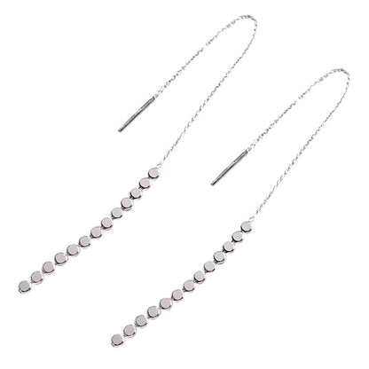 Elegant Flat Beads Tassels 925 Sterling Silver Thread Dangling Earrings