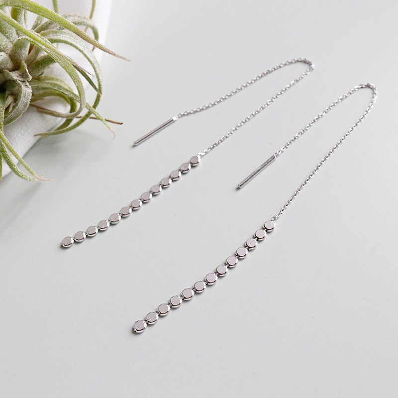 Elegant Flat Beads Tassels 925 Sterling Silver Thread Dangling Earrings