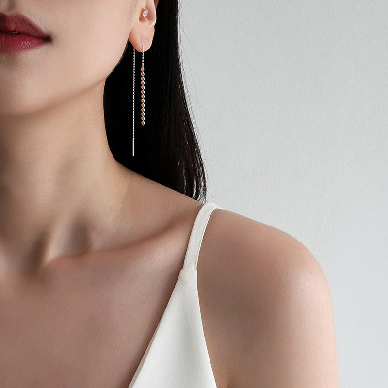 Elegant Flat Beads Tassels 925 Sterling Silver Thread Dangling Earrings