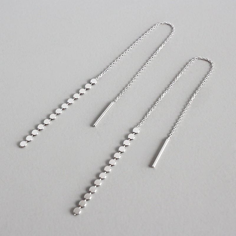 Elegant Flat Beads Tassels 925 Sterling Silver Thread Dangling Earrings