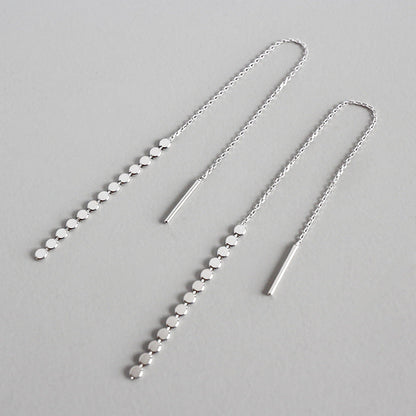 Elegant Flat Beads Tassels 925 Sterling Silver Thread Dangling Earrings