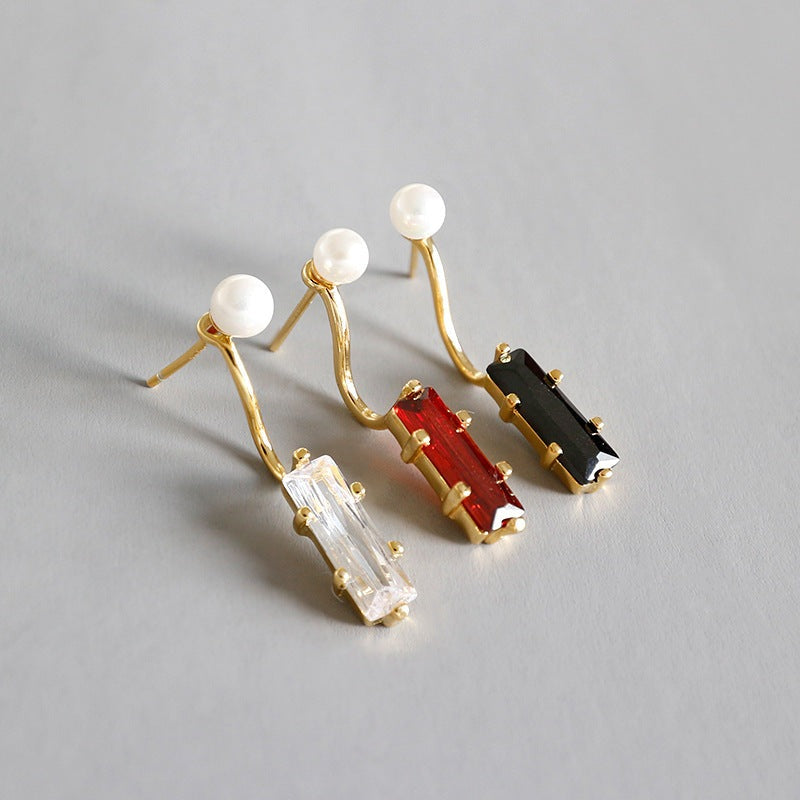 Elegant Shell Pearl Rectangle CZ Geometry 925 Sterling Silver Stud Earring Single