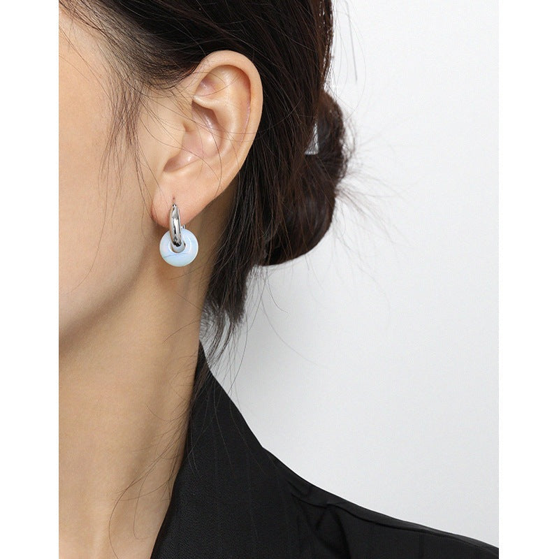 Fashion Natural Agate/Topaz/Aventurine Quartz/Opal Loop Circle 925 Sterling Silver Huggie Hoop Earring Single