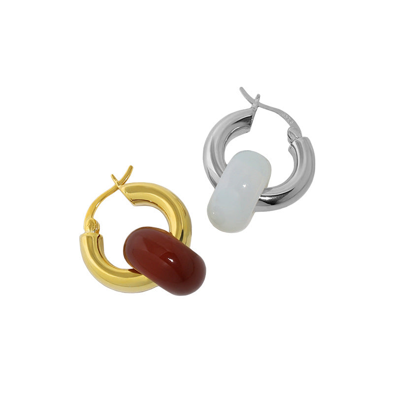Fashion Natural Agate/Topaz/Aventurine Quartz/Opal Loop Circle 925 Sterling Silver Huggie Hoop Earring Single