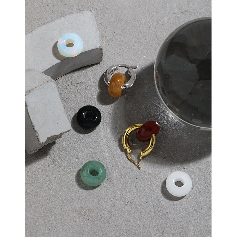 Fashion Natural Agate/Topaz/Aventurine Quartz/Opal Loop Circle 925 Sterling Silver Huggie Hoop Earring Single