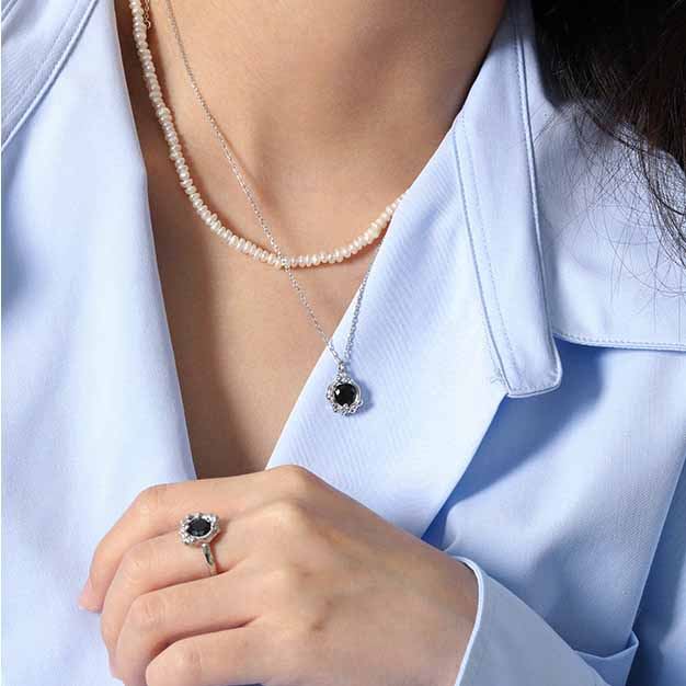 Lady Black CZ Bubble Flower 925 Sterling Silver Necklace