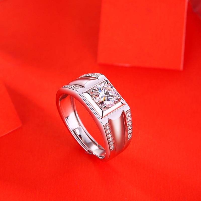 Men's Moissanite CZ Geometry Square 925 Sterling Silver Adjustable Ring