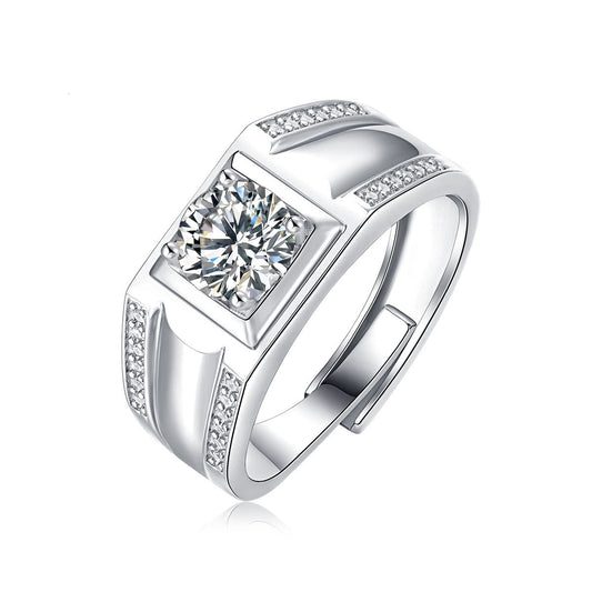 Men's Moissanite CZ Geometry Square 925 Sterling Silver Adjustable Ring