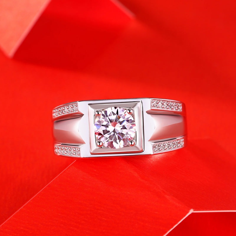 Men's Moissanite CZ Geometry Square 925 Sterling Silver Adjustable Ring